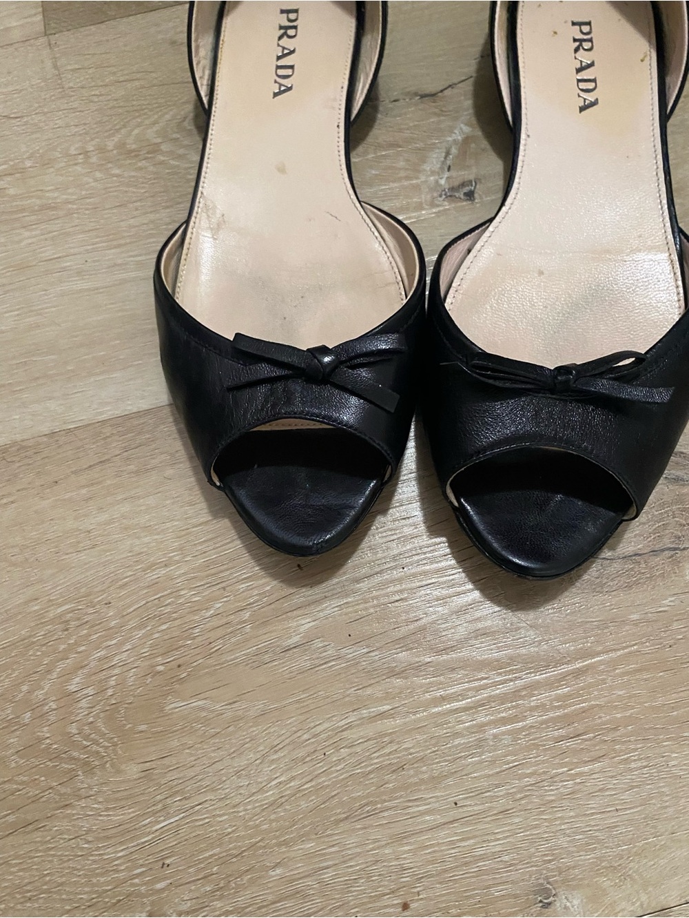 Prada Black Leather Peep-Toe Flats with Bow Accent - Picture 5 of 6